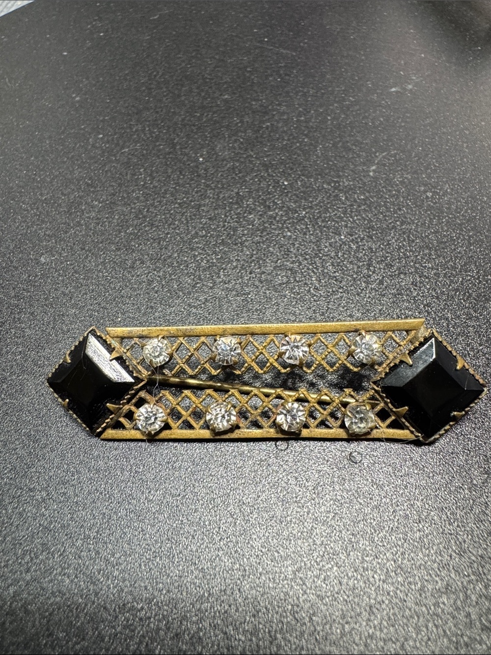 VTG Source Unknown Black and Gold Rhinestone Lattice Bar Brooch